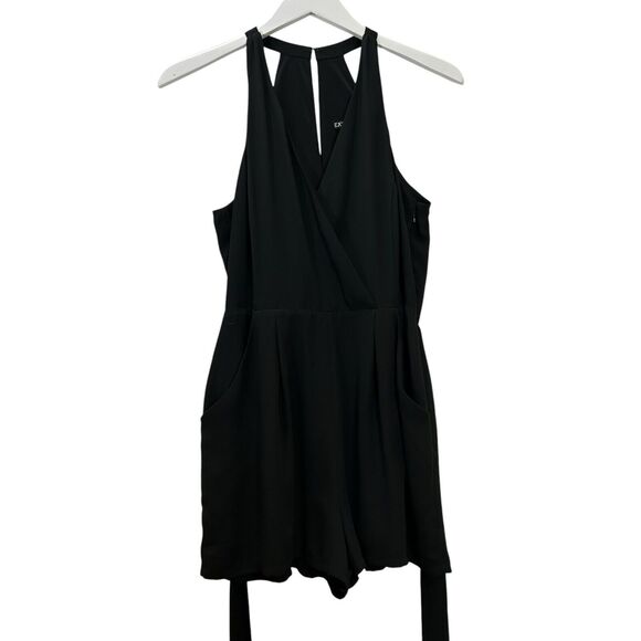Express Black Romper V-Neck Wrap Front Key Hole Back Cutout Pockets Size 8 - Picture 1 of 9